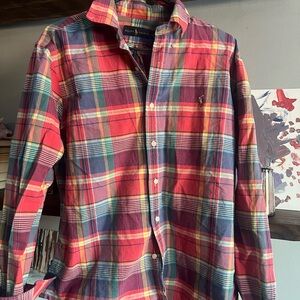 Ralph Lauren Men's Red and Blue Plaid Shirt